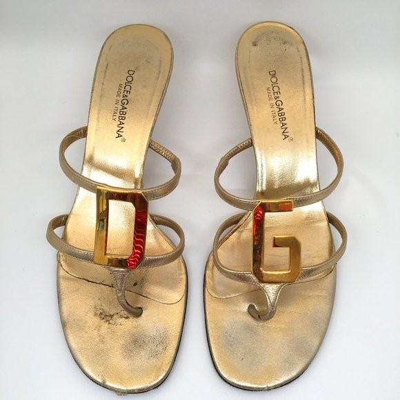 Dolce & Gabbana Shoes - Dolce & Gabbana Open Toe D&G Logo Gold Kitten Heel